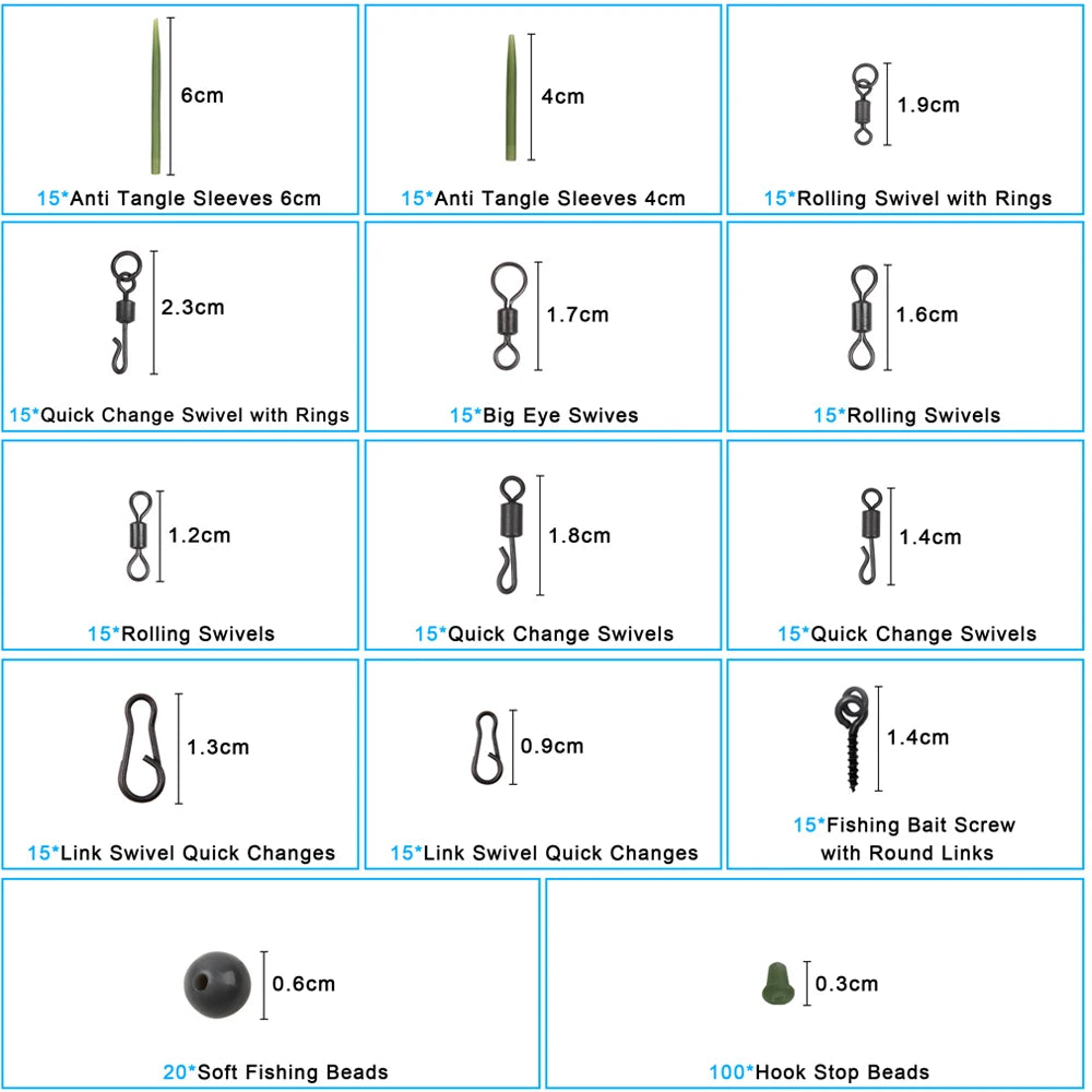 300pcs Carp Fishing Tackle Kit – Includes Anti-Tangle Sleeves, Hook Stops, Beads, Boilie Baits, Screw Rolling Swivels & Snaps - Cast And Catch