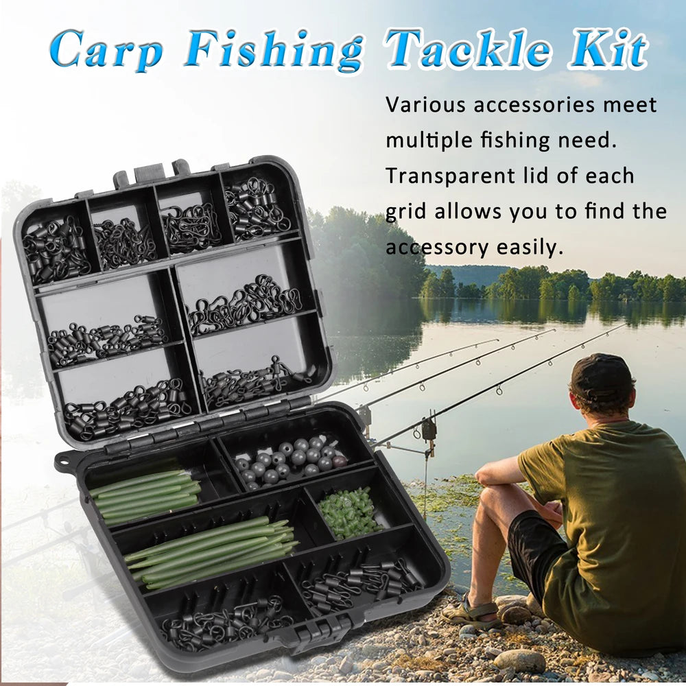300pcs Carp Fishing Tackle Kit – Includes Anti-Tangle Sleeves, Hook Stops, Beads, Boilie Baits, Screw Rolling Swivels & Snaps - Cast And Catch