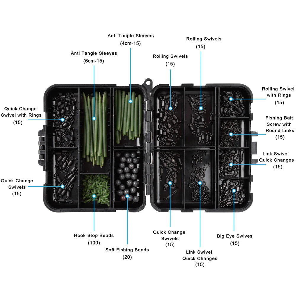 300pcs Carp Fishing Tackle Kit – Includes Anti-Tangle Sleeves, Hook Stops, Beads, Boilie Baits, Screw Rolling Swivels & Snaps - Cast And Catch