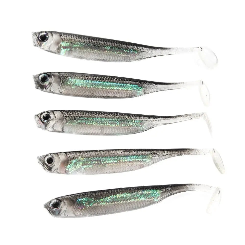 5pcs Soft Bait Lures – 7–7.5cm, 1.7–2.7g | T-Tail Fish | Rainbow Color & Sequin | Swing/Spinner Fishing - Cast And Catch