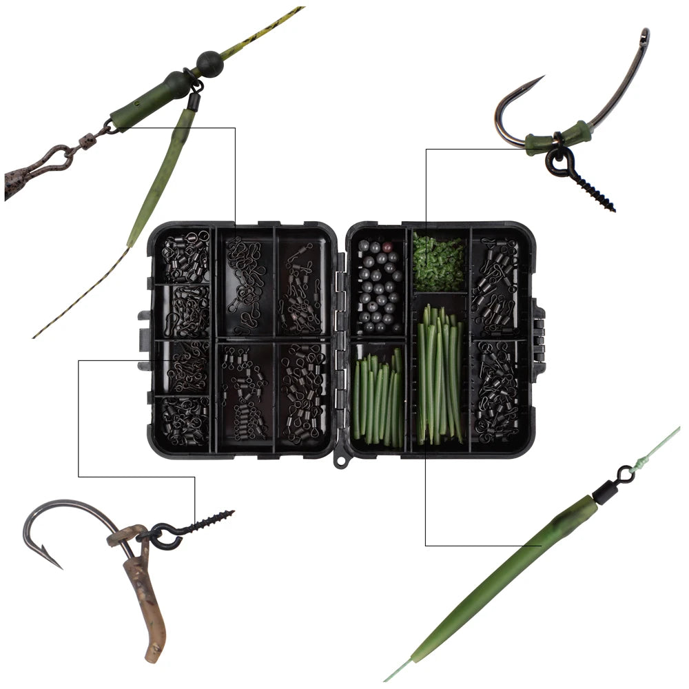 300pcs Carp Fishing Tackle Kit – Includes Anti-Tangle Sleeves, Hook Stops, Beads, Boilie Baits, Screw Rolling Swivels & Snaps - Cast And Catch