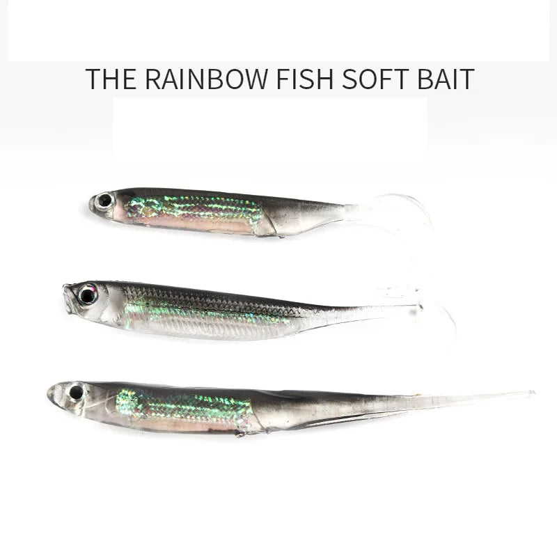5pcs Soft Bait Lures – 7–7.5cm, 1.7–2.7g | T-Tail Fish | Rainbow Color & Sequin | Swing/Spinner Fishing - Cast And Catch