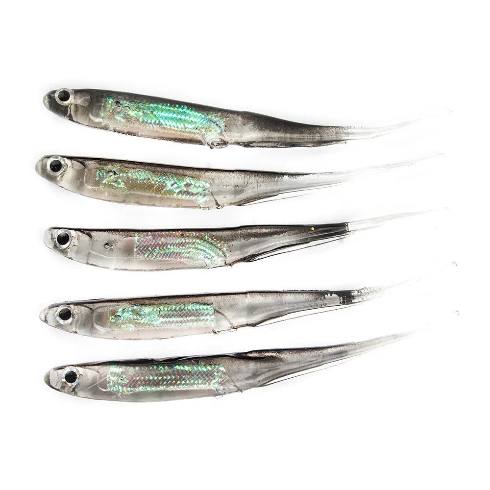 5pcs Soft Bait Lures – 7–7.5cm, 1.7–2.7g | T-Tail Fish | Rainbow Color & Sequin | Swing/Spinner Fishing - Cast And Catch