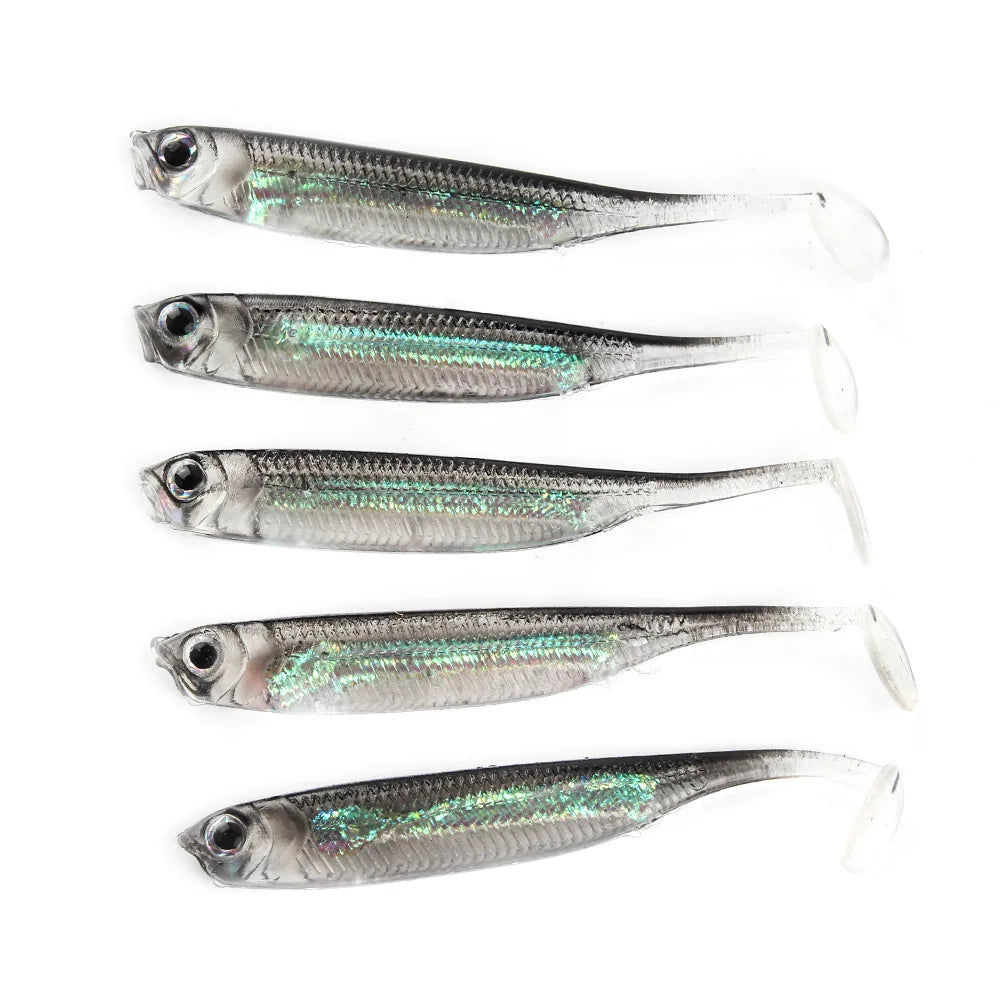 5pcs Soft Bait Lures – 7–7.5cm, 1.7–2.7g | T-Tail Fish | Rainbow Color & Sequin | Swing/Spinner Fishing - Cast And Catch