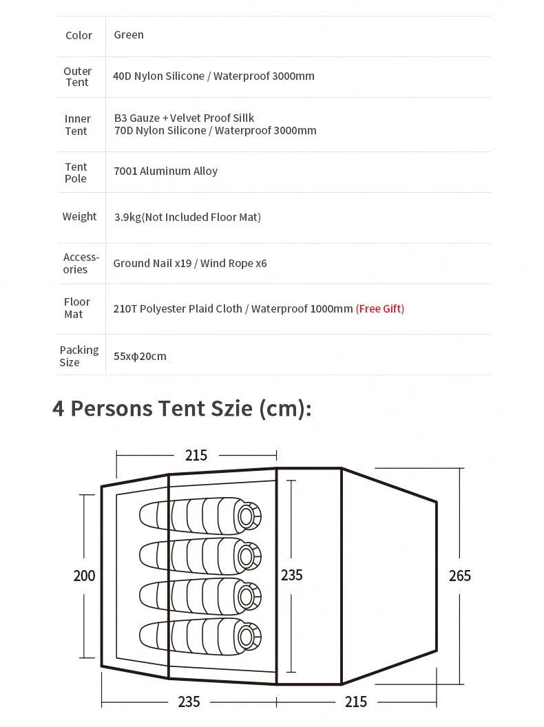 Naturehike Extended Camping Tunnel Tent – Waterproof Double-Layer | Lightweight | 2–4 Person Travel & Outdoor Use - Cast And Catch