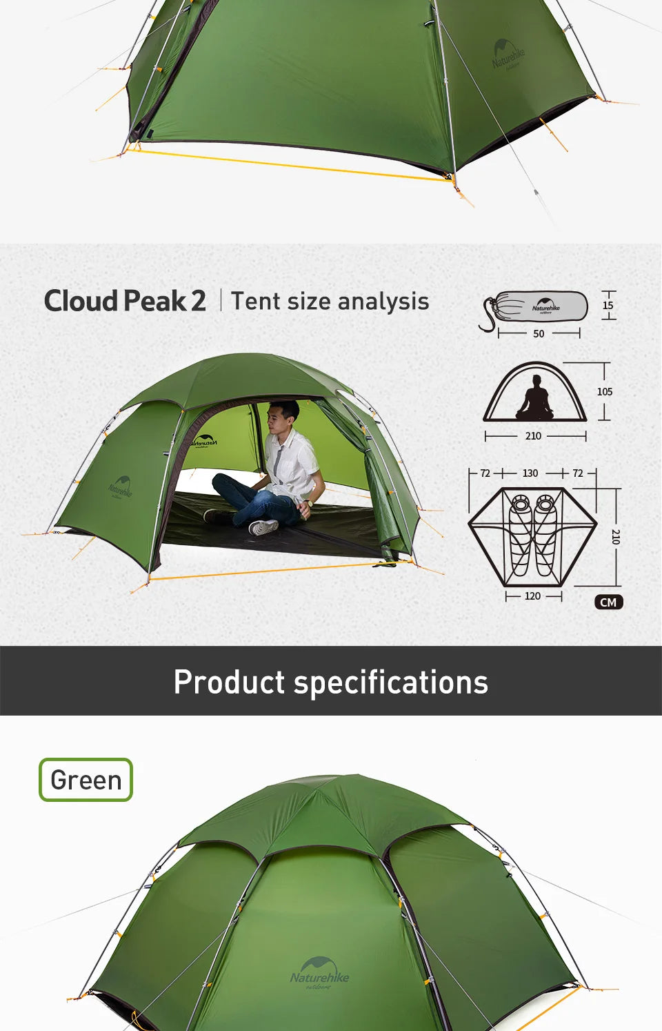 Naturehike Cloud Peak 2 Tent – Ultralight, Waterproof | 4-Season Backpacking & Camping Tent for 2-3 People | T-Zipper - Cast And Catch