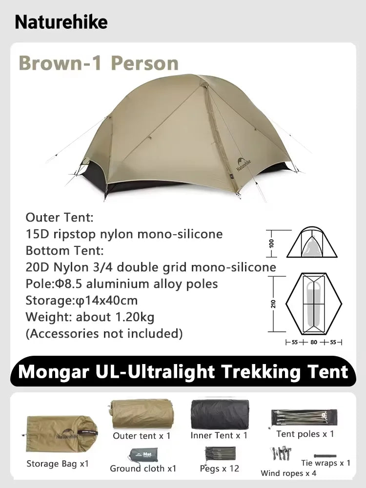 Naturehike Mongar UL Tent – 1–2 Person Ultralight Camping Tent | 15D Waterproof Shelter for Outdoor Hiking & Backpacking - Cast And Catch