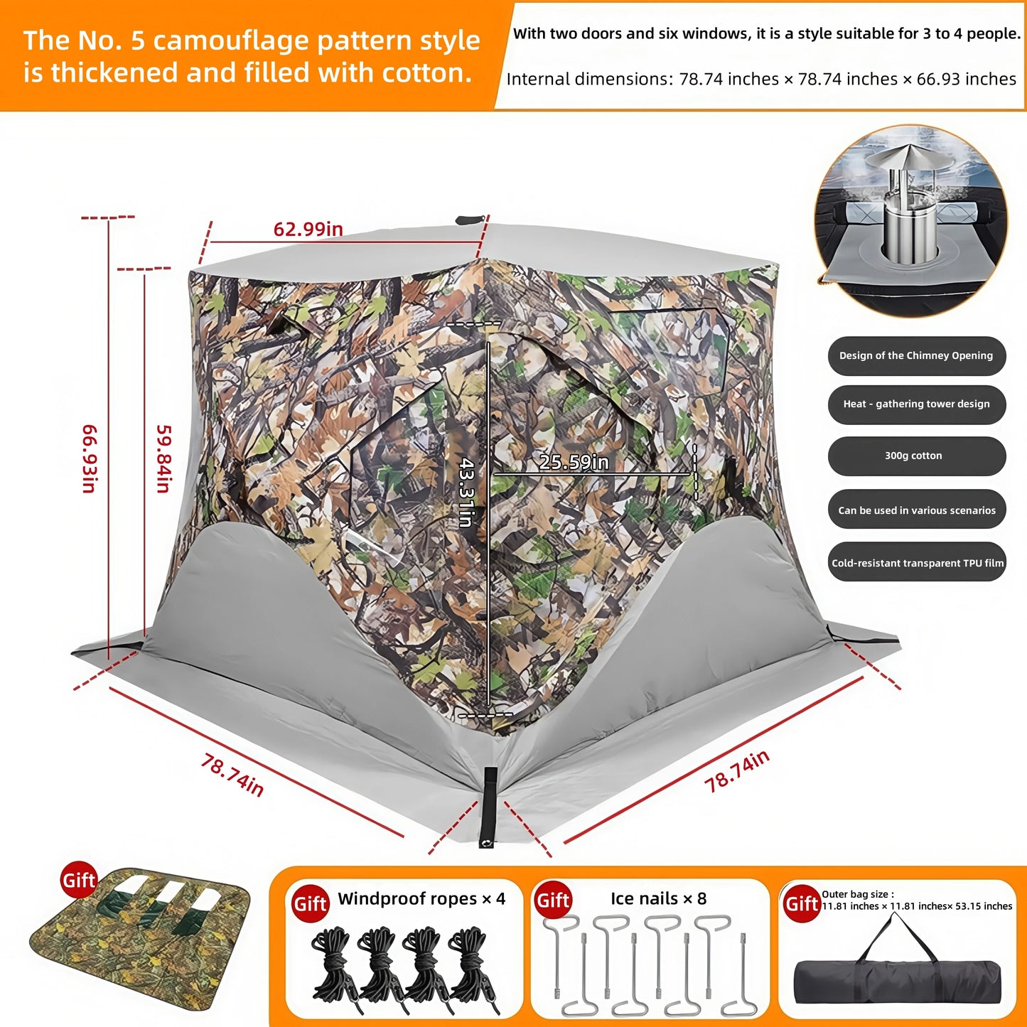 Outdoor Ice Fishing Tent – Thickened Cotton | Snowproof Winter Tent | 3–4 Person with Chimney Opening - Cast And Catch