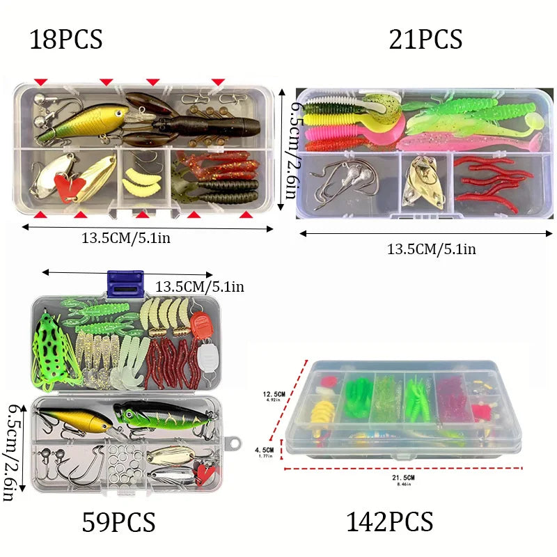 Fishing Lure Set – 18/21/59/142pcs Mixed VIB Lures | Soft Lures, Minnows, Poppers & Hooks | Freshwater Fishing Accessories - Cast And Catch