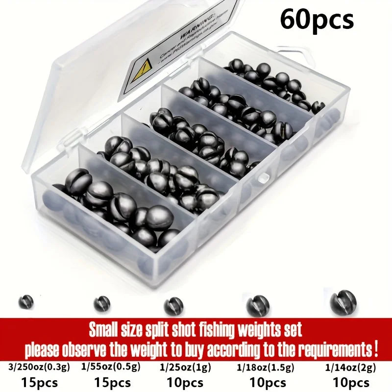 60/120pcs Fishing Weights Kit – Premium Split Shot Sinkers | 5 Sizes, Round Removable Design | Freshwater Use - Cast And Catch