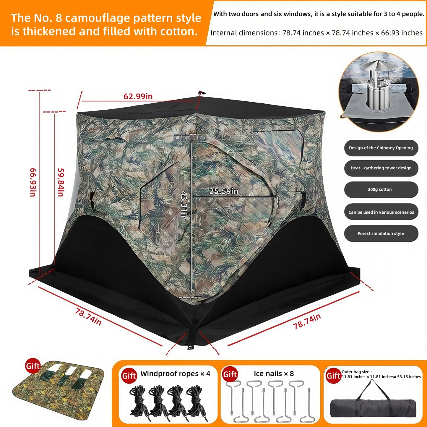 Outdoor Ice Fishing Tent – Thickened Cotton | Snowproof Winter Tent | 3–4 Person with Chimney Opening - Cast And Catch