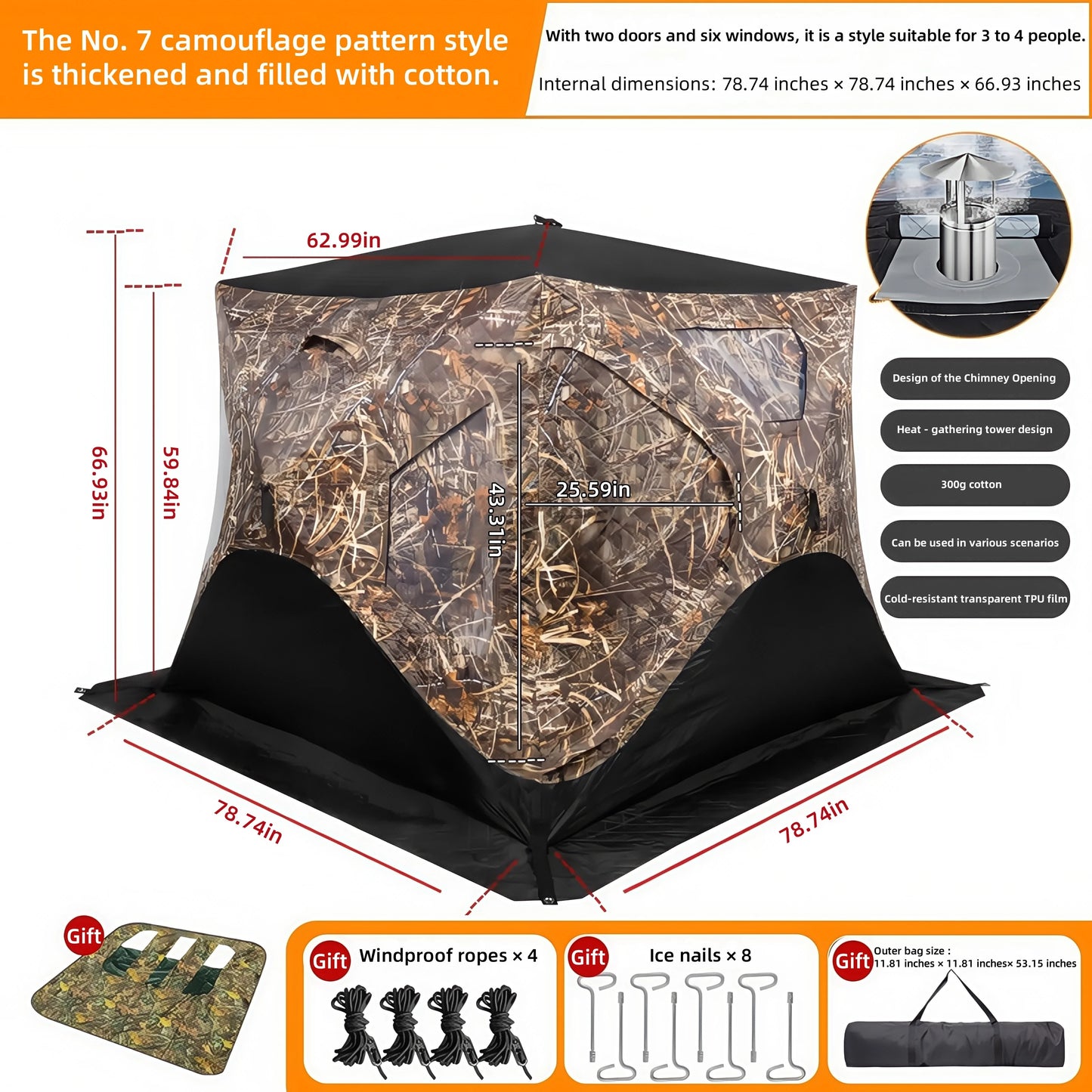 Outdoor Ice Fishing Tent – Thickened Cotton | Snowproof Winter Tent | 3–4 Person with Chimney Opening - Cast And Catch