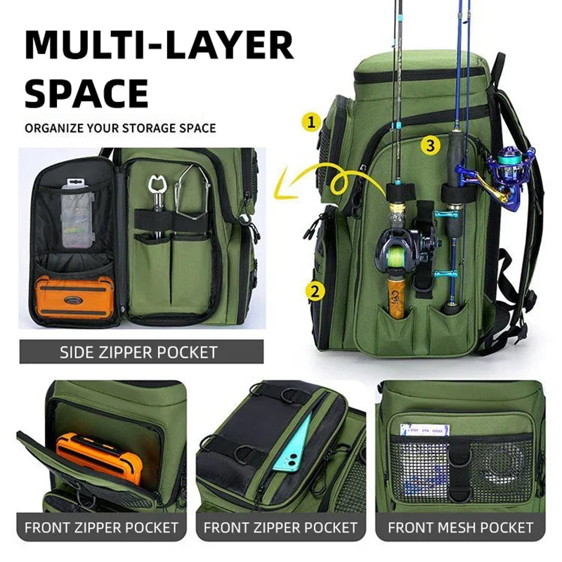 New Fishing Backpack – 50L Chest Bag with Rod Holders | Tackle & Lure Organizer | Outdoor Camping & Hiking Large Backpack - Cast And Catch