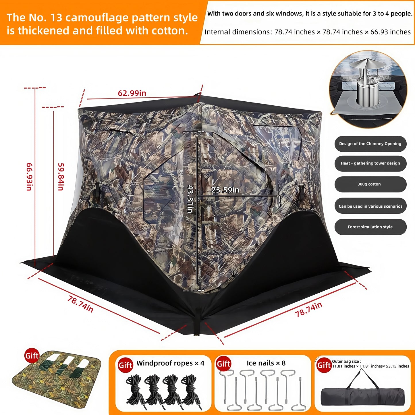 Outdoor Ice Fishing Tent – Thickened Cotton | Snowproof Winter Tent | 3–4 Person with Chimney Opening - Cast And Catch