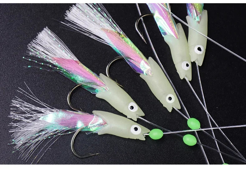5-Hook Sabiki Rig – Real Fish Skin | Glow-in-the-Dark Flash | Saltwater Bait Rig for Mackerel - Cast And Catch