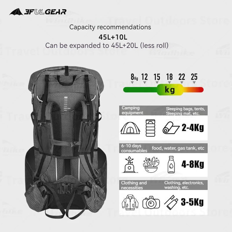 3F UL GEAR YUE Waterproof Backpack – 45+10L Ultralight | 1.1kg XPAC/UHMWPE | Rapid Adjustable, Large Capacity for Camping & Travel - Cast And Catch