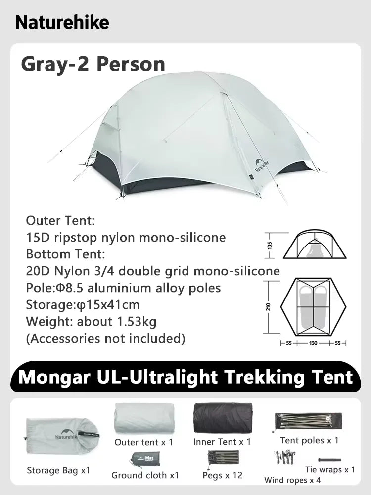 Naturehike Mongar UL Tent – 1–2 Person Ultralight Camping Tent | 15D Waterproof Shelter for Outdoor Hiking & Backpacking - Cast And Catch