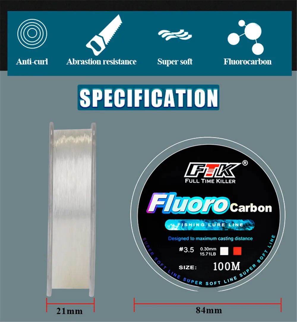 100m Fluorocarbon Fishing Line – Carbon Fiber | Bait & Fly Fishing | Sea & Wild Fishing | Outdoor Accessories & Tools - Cast And Catch
