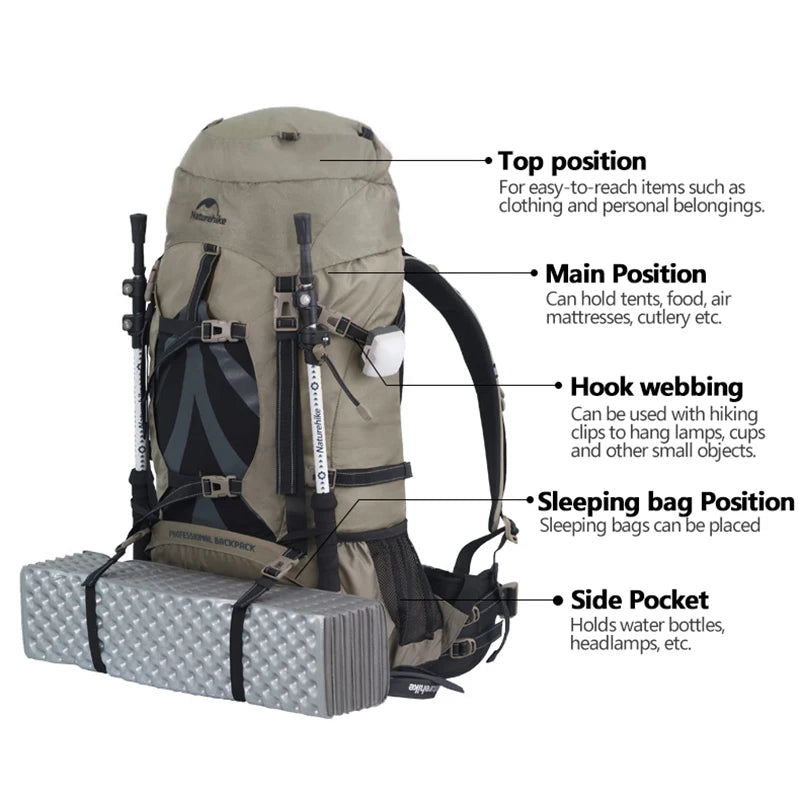 Naturehike Mountain Backpack – 70L | Men’s Waterproof Outdoor Hiking & Climbing Bag | Large Capacity Travel Shoulder Bag - Cast And Catch