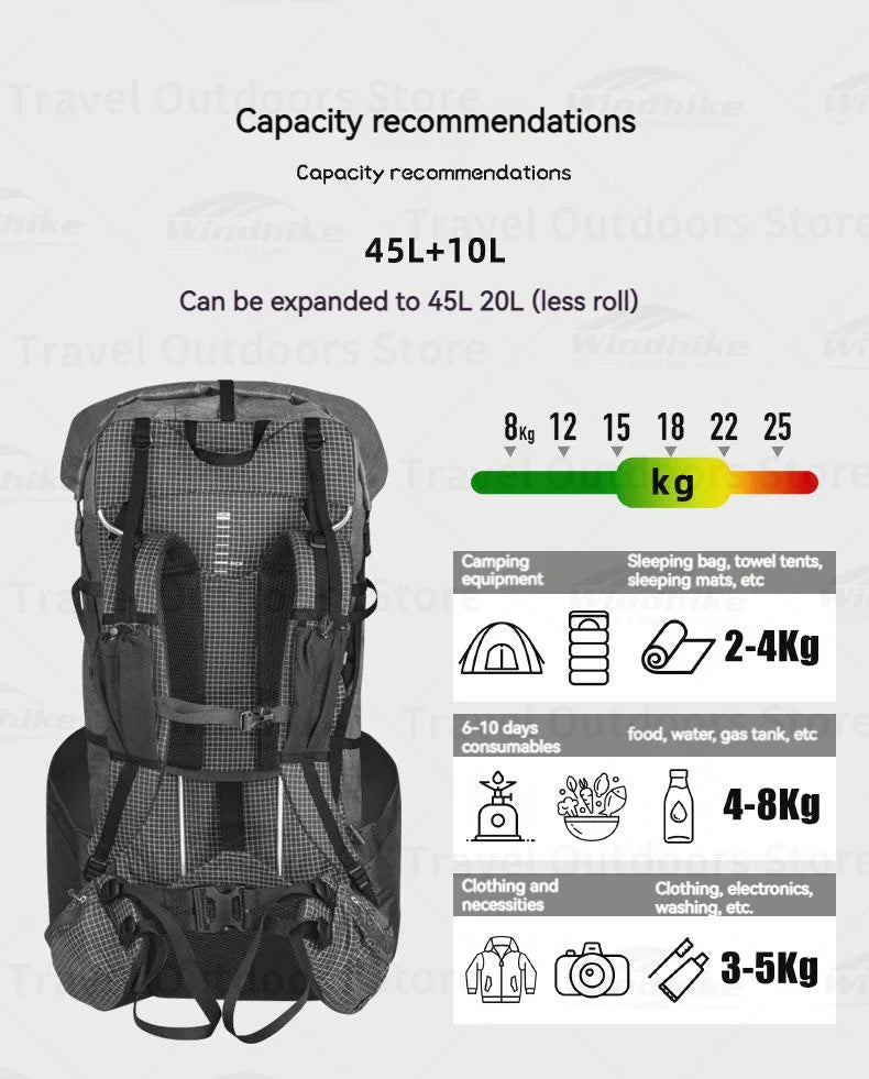 3F UL GEAR YUE Waterproof Backpack – 45+10L Ultralight | 1.1kg XPAC/UHMWPE | Rapid Adjustable, Large Capacity for Camping & Travel - Cast And Catch