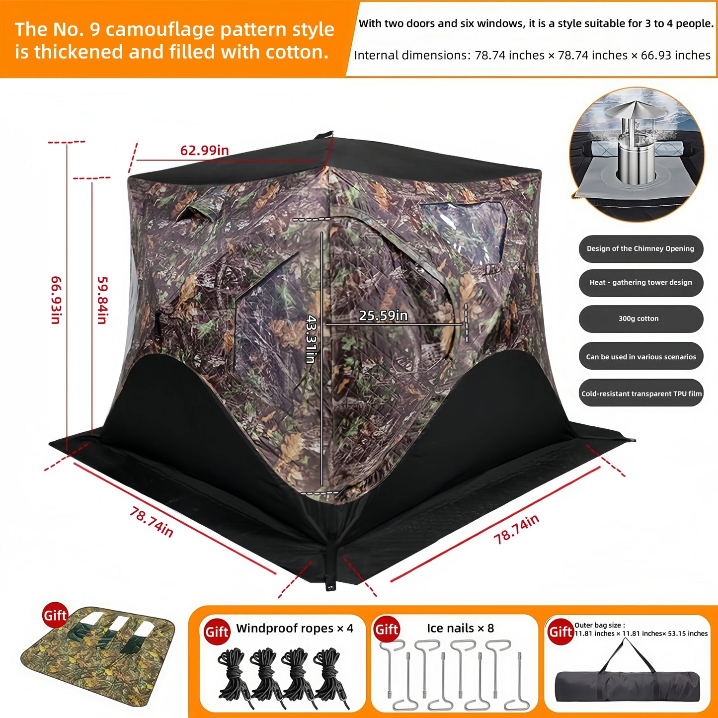 Outdoor Ice Fishing Tent – Thickened Cotton | Snowproof Winter Tent | 3–4 Person with Chimney Opening - Cast And Catch
