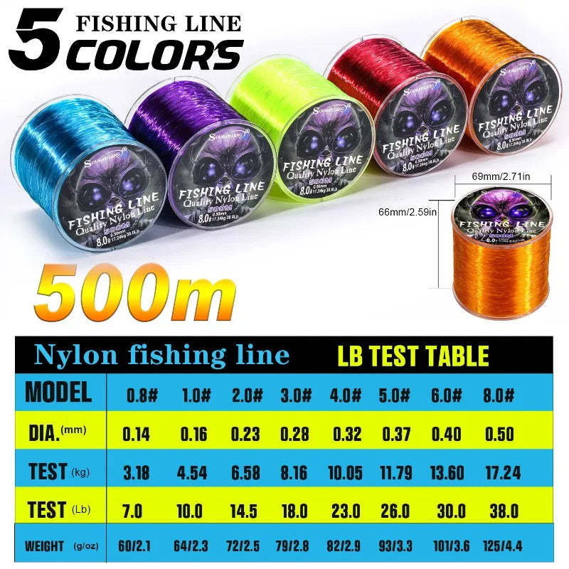 Sougayilang 500m Nylon Fishing Line – 7–38lb Max Drag | Super Strong | Japan Monofilament | Freshwater & Saltwater - Cast And Catch