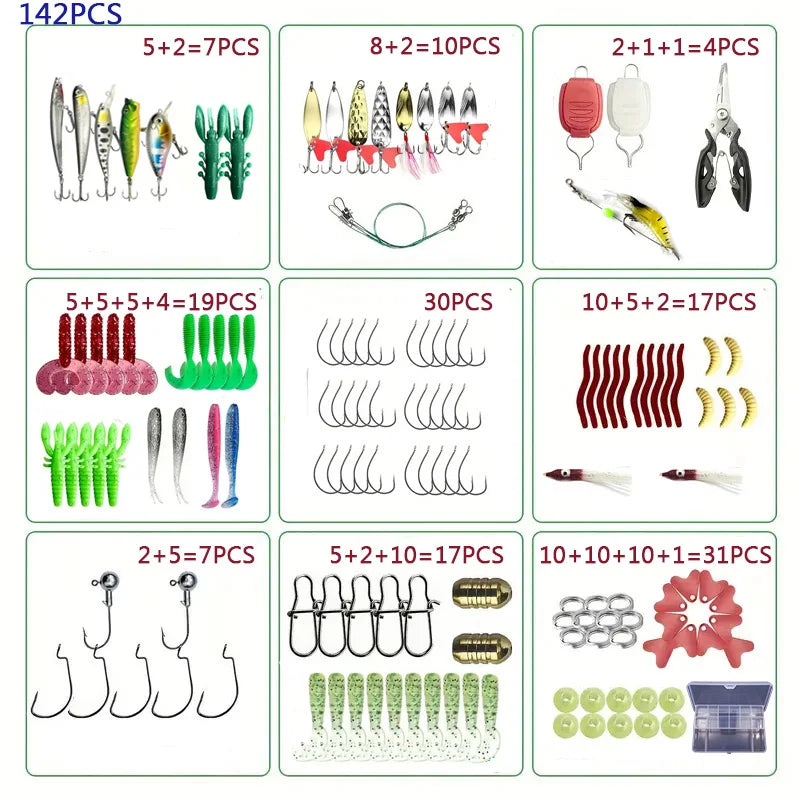Fishing Lure Set – 18/21/59/142pcs Mixed VIB Lures | Soft Lures, Minnows, Poppers & Hooks | Freshwater Fishing Accessories - Cast And Catch