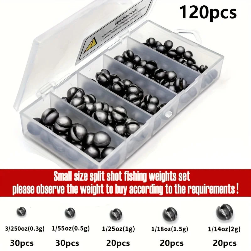 60/120pcs Fishing Weights Kit – Premium Split Shot Sinkers | 5 Sizes, Round Removable Design | Freshwater Use - Cast And Catch