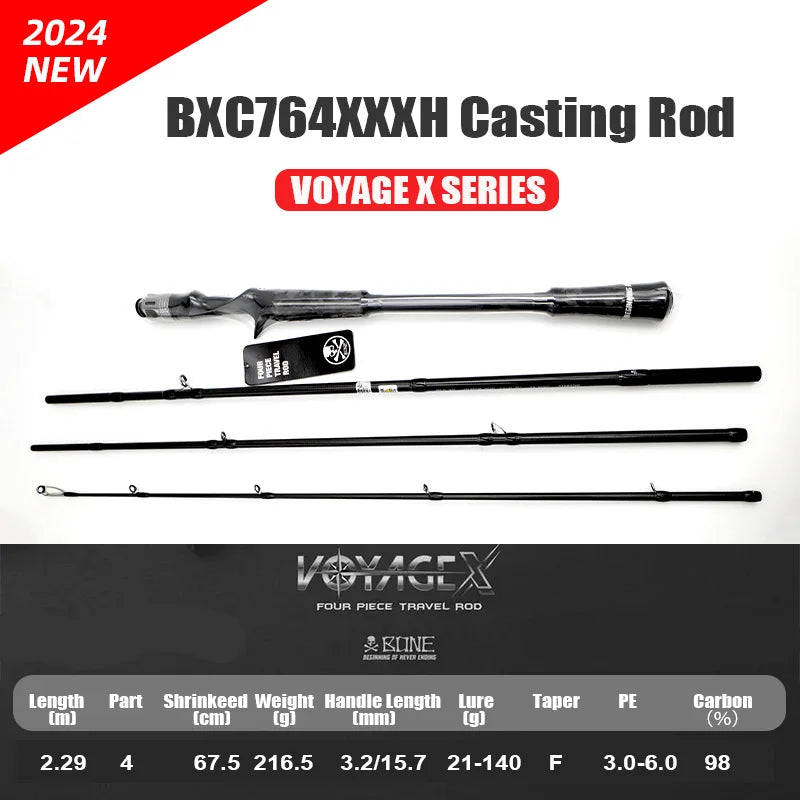 Bone 2024 New Voyage X Series – 4-Piece Spinning/Casting Rod | FUJI Guides | Portable with Pouch | Travel-Friendly - Cast And Catch