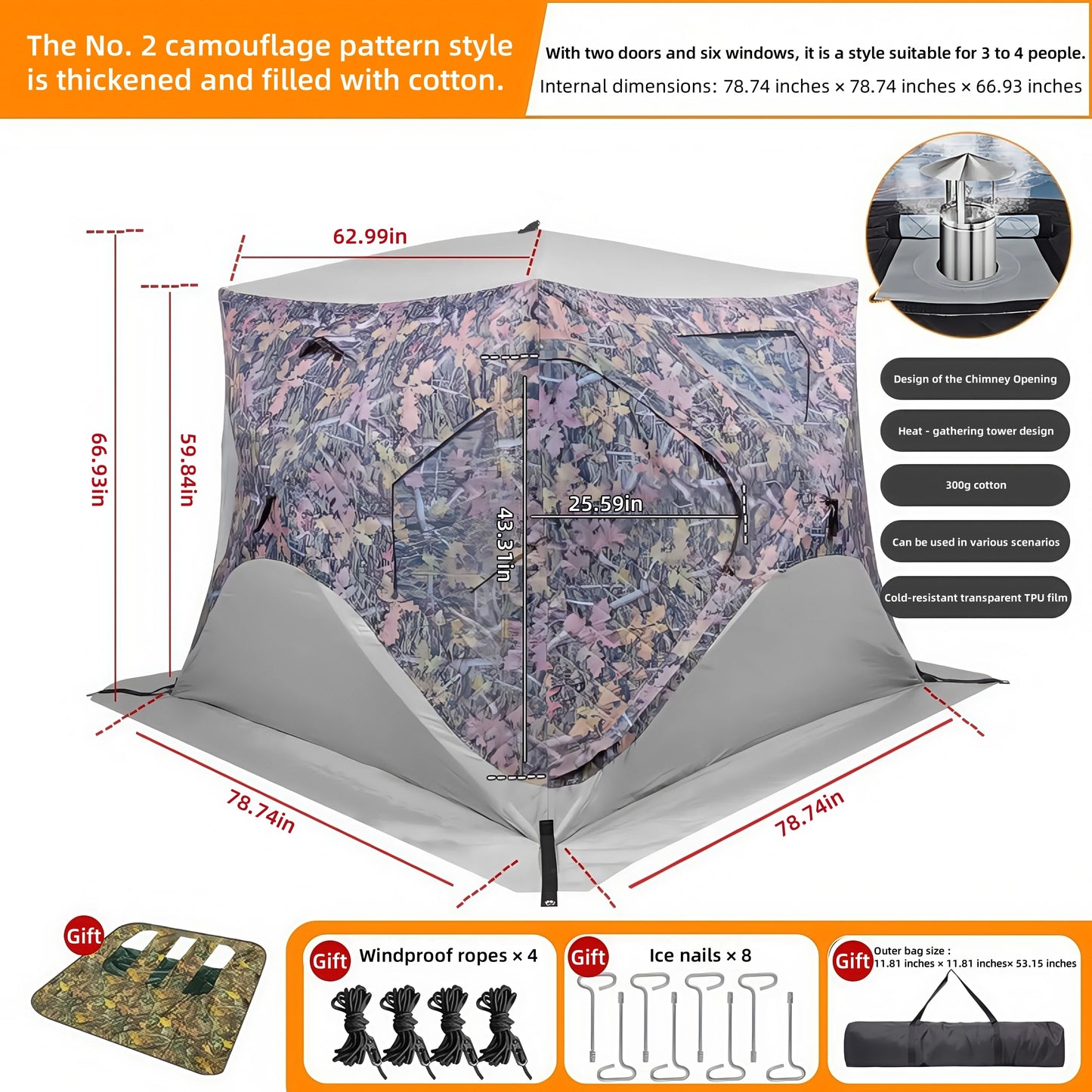 Outdoor Ice Fishing Tent – Thickened Cotton | Snowproof Winter Tent | 3–4 Person with Chimney Opening - Cast And Catch