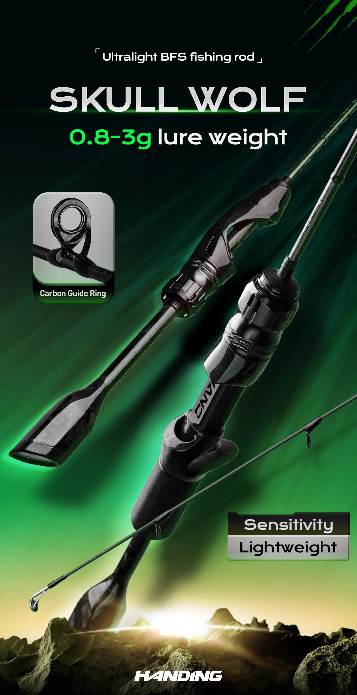 HANDING Ultralight Fishing Rod – 58g | SKULL WOLF 30+24T TORAY Carbon Fiber | Fuji Guides | 0.8–3g Lure | Spinning/Casting - Cast And Catch