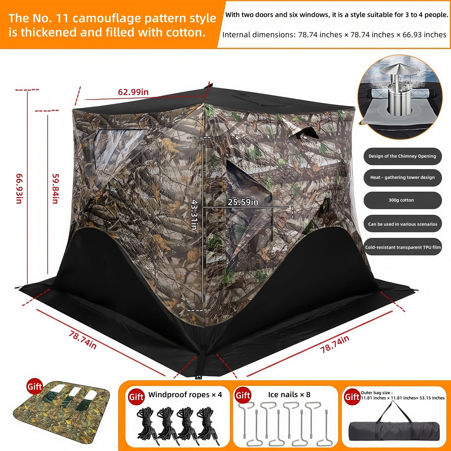 Outdoor Ice Fishing Tent – Thickened Cotton | Snowproof Winter Tent | 3–4 Person with Chimney Opening - Cast And Catch