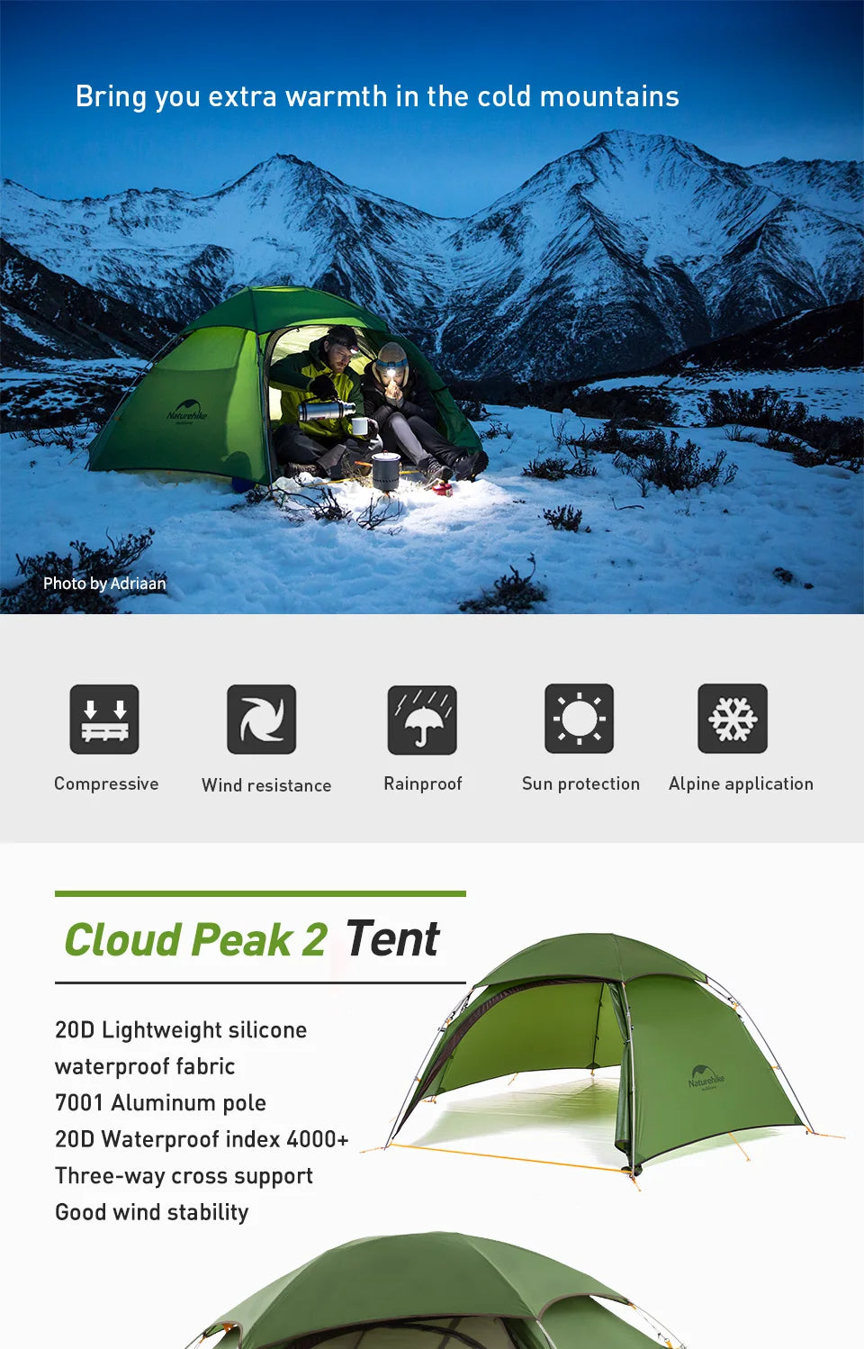 Naturehike Cloud Peak 2 Tent – Ultralight, Waterproof | 4-Season Backpacking & Camping Tent for 2-3 People | T-Zipper - Cast And Catch