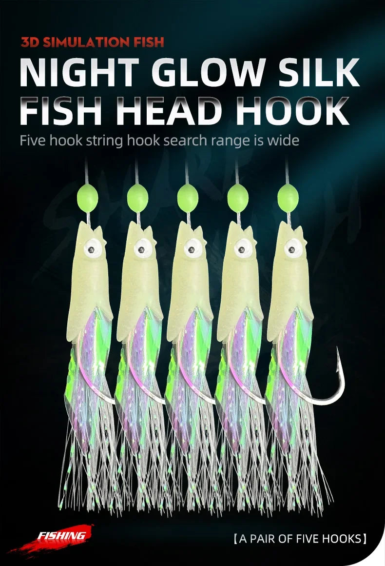 5-Hook Sabiki Rig – Real Fish Skin | Glow-in-the-Dark Flash | Saltwater Bait Rig for Mackerel - Cast And Catch