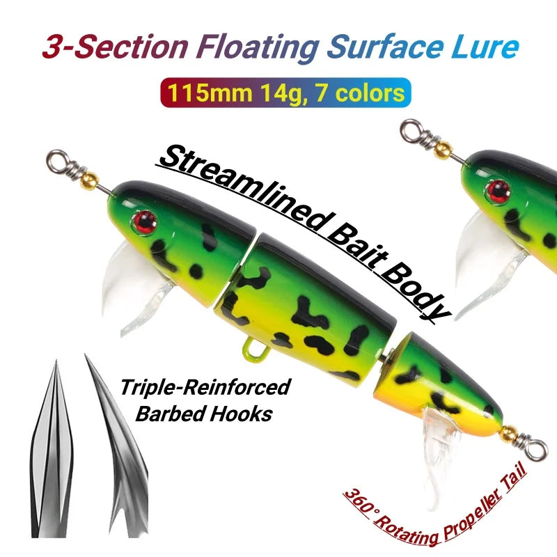 Topwater 3-Section Fishing Lure – Sea Bass Crankbait Minnow | Floating | Freshwater & Saltwater | Catfish & Pike - Cast And Catch