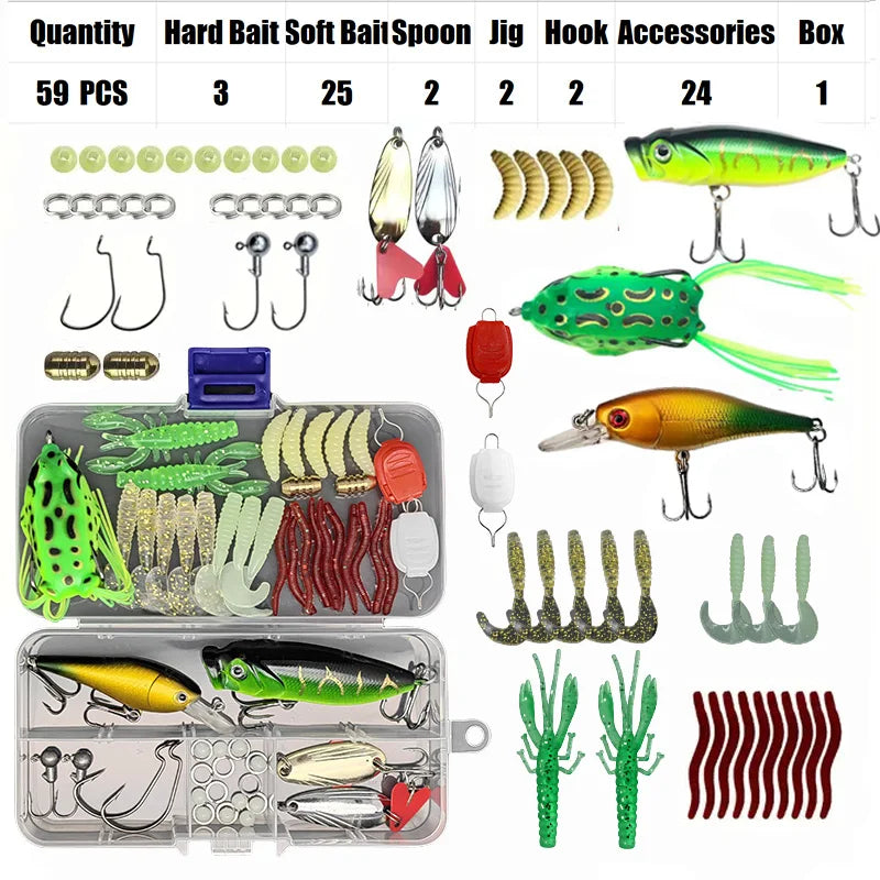 Fishing Lure Set – 18/21/59/142pcs Mixed VIB Lures | Soft Lures, Minnows, Poppers & Hooks | Freshwater Fishing Accessories - Cast And Catch