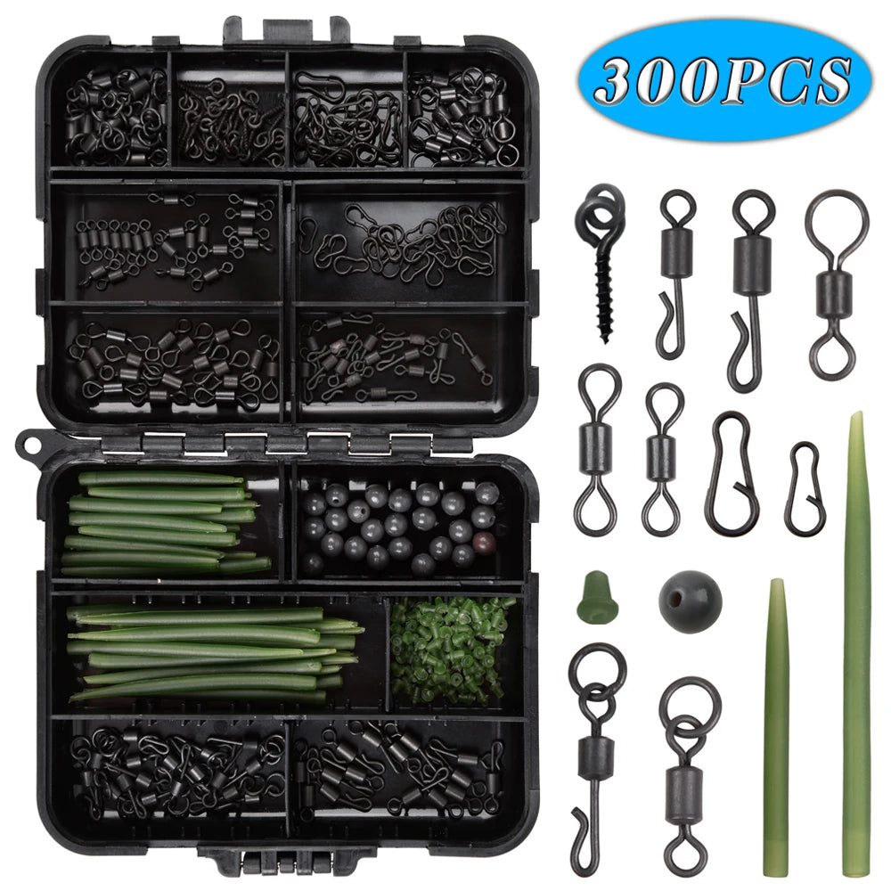 300pcs Carp Fishing Tackle Kit – Includes Anti-Tangle Sleeves, Hook Stops, Beads, Boilie Baits, Screw Rolling Swivels & Snaps - Cast And Catch