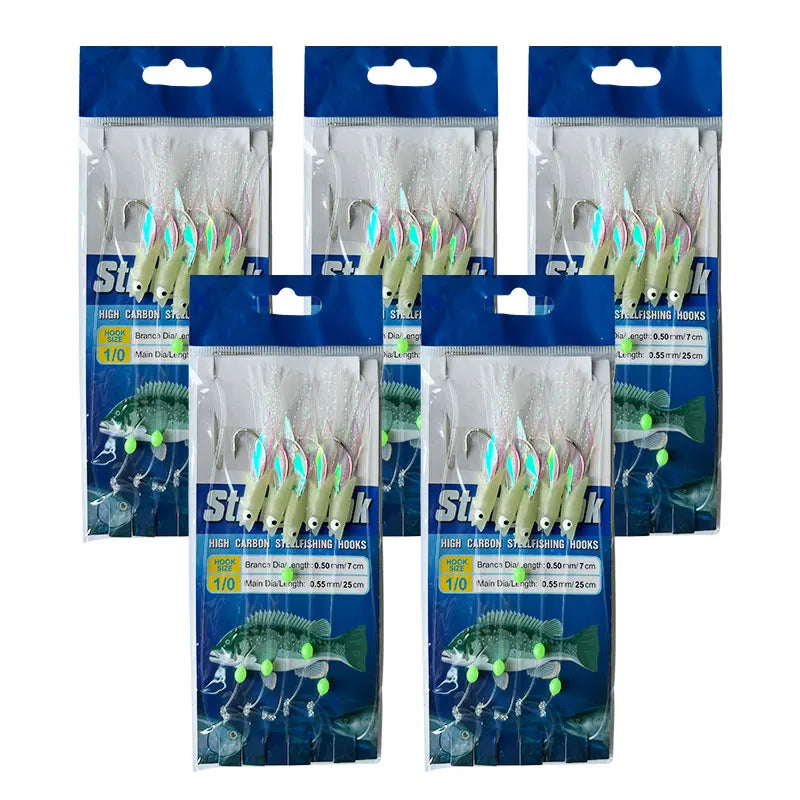 5-Hook Sabiki Rig – Real Fish Skin | Glow-in-the-Dark Flash | Saltwater Bait Rig for Mackerel - Cast And Catch