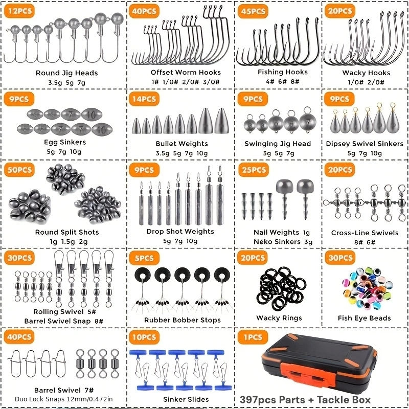 Fishing Accessories Set – 264/397pcs Tackle Box with Hooks, Weights/Sinkers, Swivels, Beads & Gear - Cast And Catch