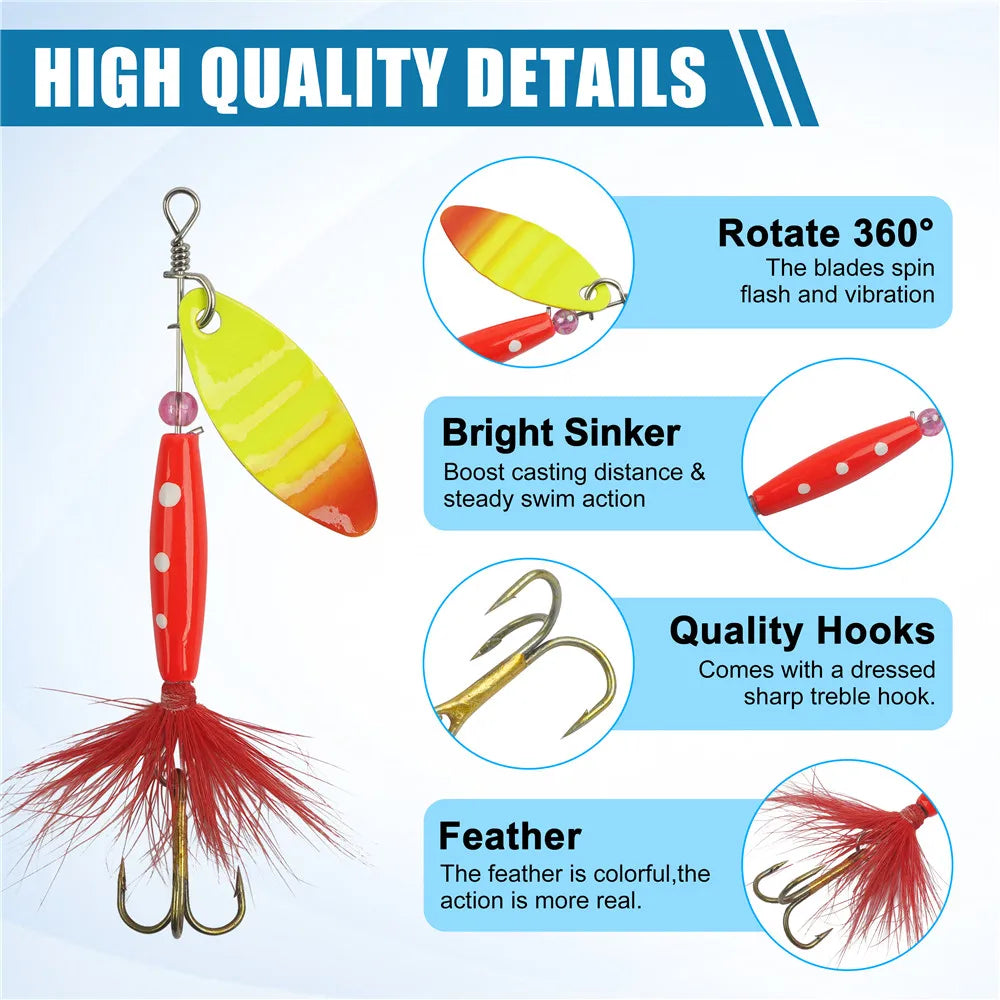 5/10/16pcs Spinner Lures – Spoon Bait | Feather Treble Hooks | Pike, Trout, Salmon & Bass - Cast And Catch