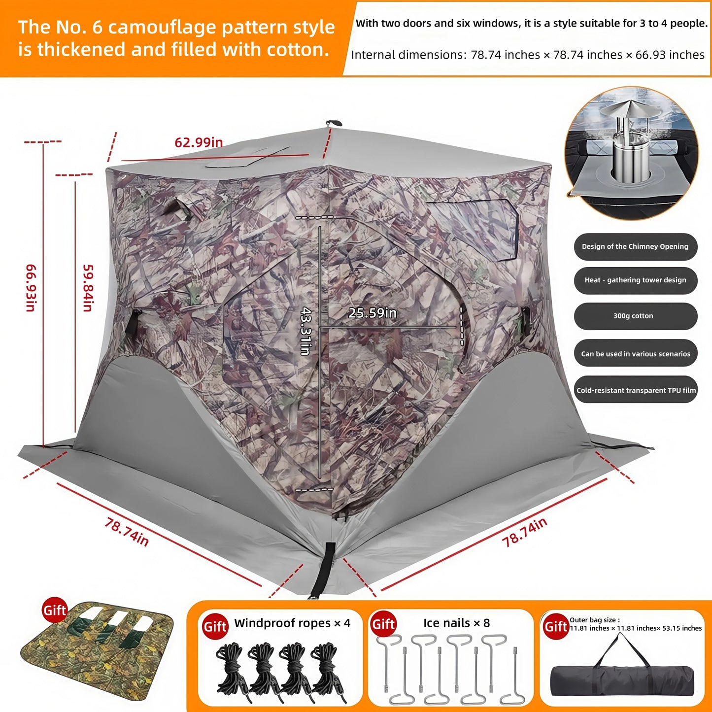 Outdoor Ice Fishing Tent – Thickened Cotton | Snowproof Winter Tent | 3–4 Person with Chimney Opening - Cast And Catch