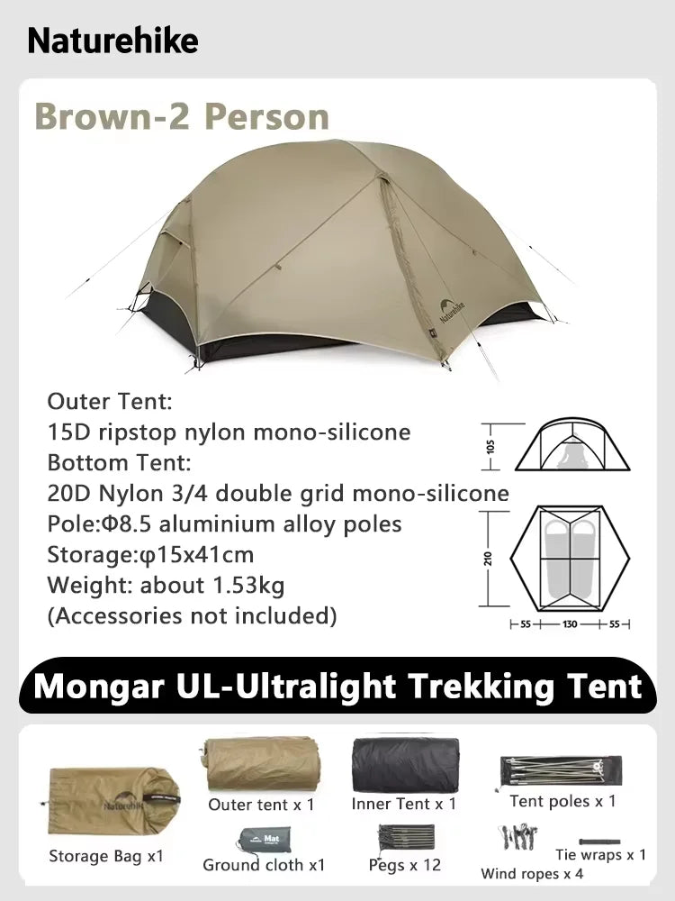 Naturehike Mongar UL Tent – 1–2 Person Ultralight Camping Tent | 15D Waterproof Shelter for Outdoor Hiking & Backpacking - Cast And Catch