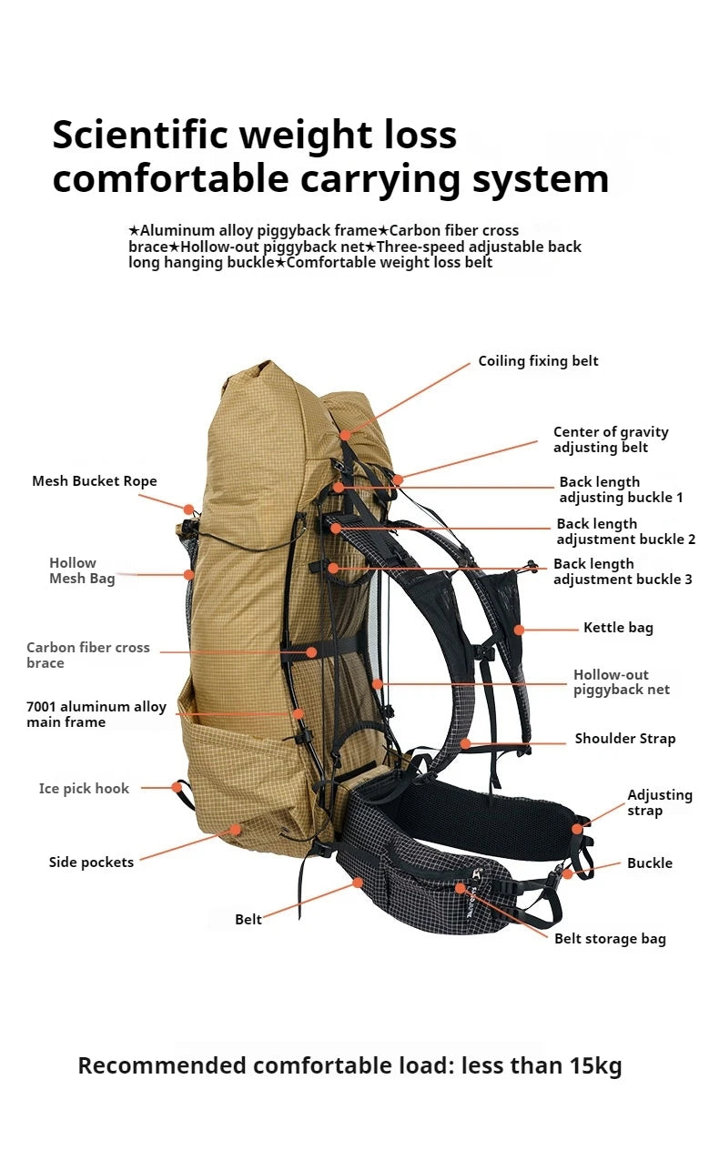 3F UL GEAR TianShan Backpack – 35+10L Ultralight | 70D/210D Dyneema | Large Capacity, Waterproof | Outdoor Camping, Hiking & Climbing - Cast And Catch