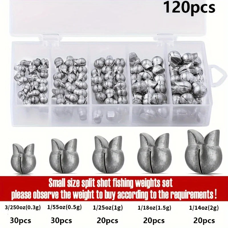 60/120pcs Fishing Weights Kit – Premium Split Shot Sinkers | 5 Sizes, Round Removable Design | Freshwater Use - Cast And Catch
