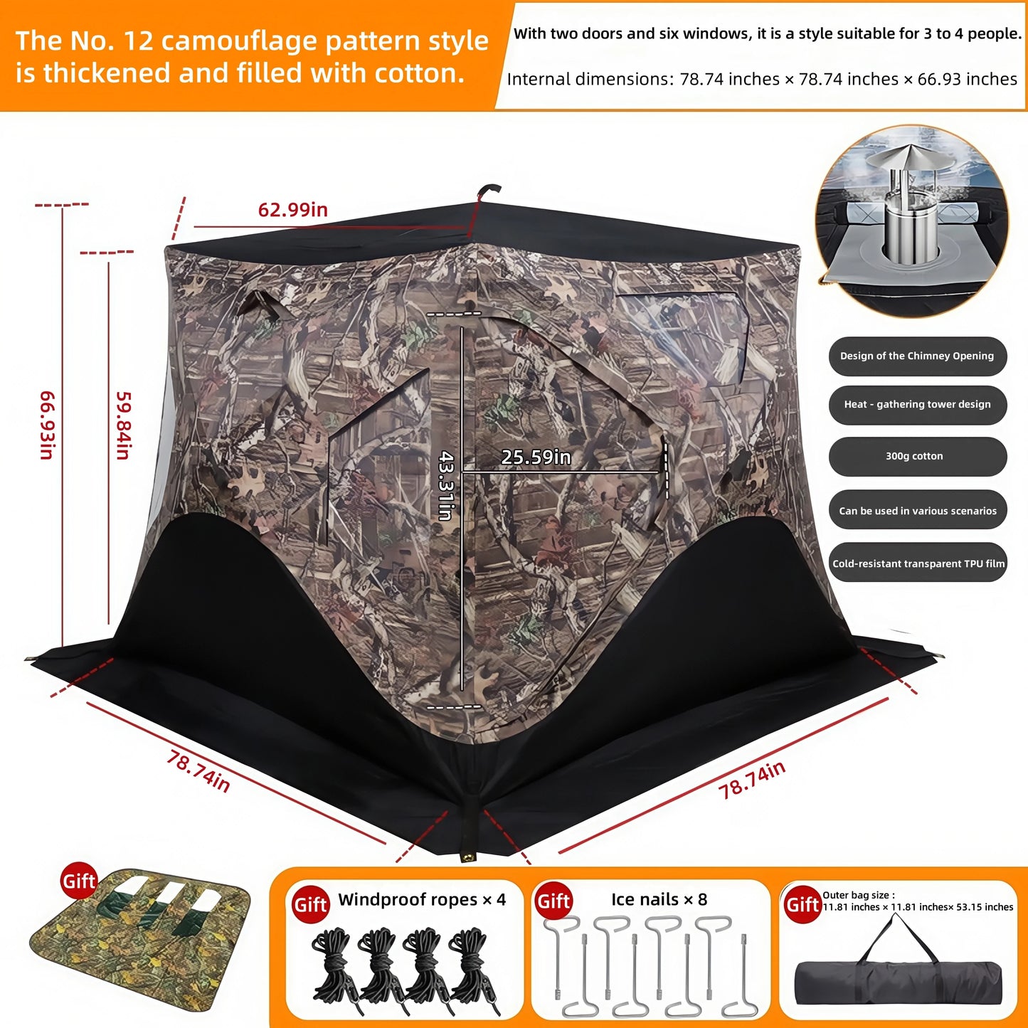 Outdoor Ice Fishing Tent – Thickened Cotton | Snowproof Winter Tent | 3–4 Person with Chimney Opening - Cast And Catch