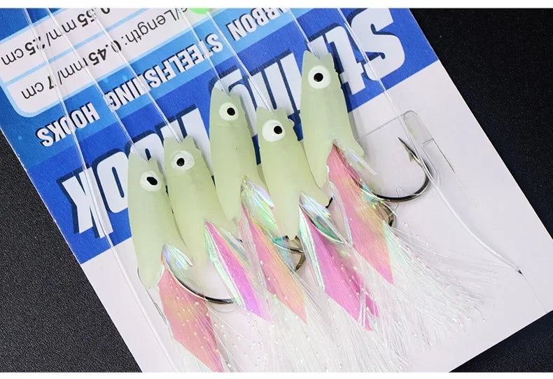5-Hook Sabiki Rig – Real Fish Skin | Glow-in-the-Dark Flash | Saltwater Bait Rig for Mackerel - Cast And Catch