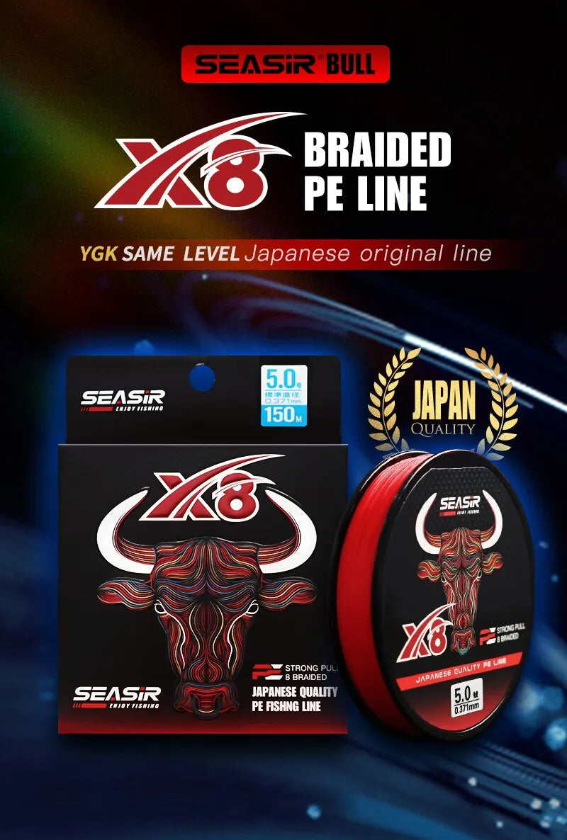 Seasir RedBull 8-Strand Braided PE Fishing Line – 150m, 0.8–5.0mm, 12–50lb | Japan Quality Multifilament Main Line - Cast And Catch