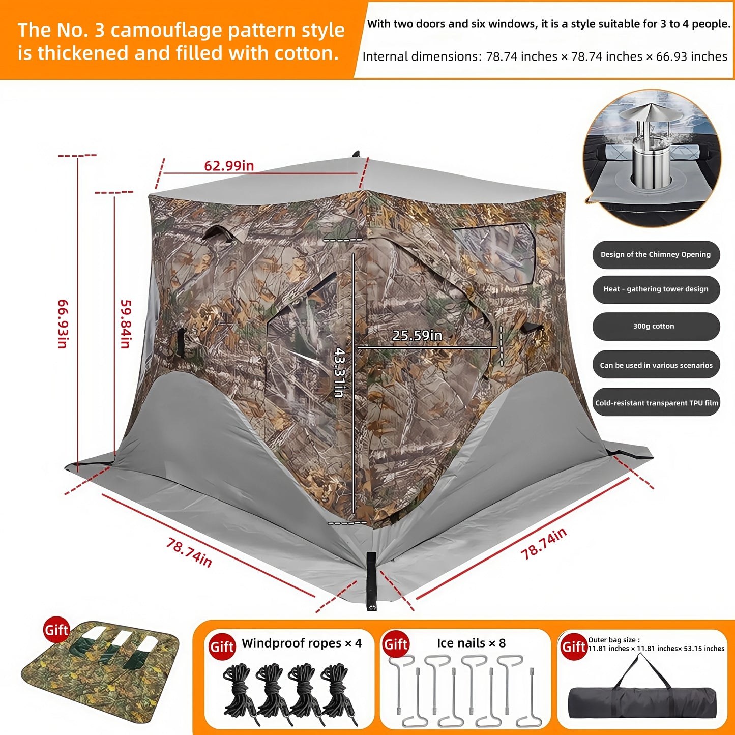 Outdoor Ice Fishing Tent – Thickened Cotton | Snowproof Winter Tent | 3–4 Person with Chimney Opening - Cast And Catch