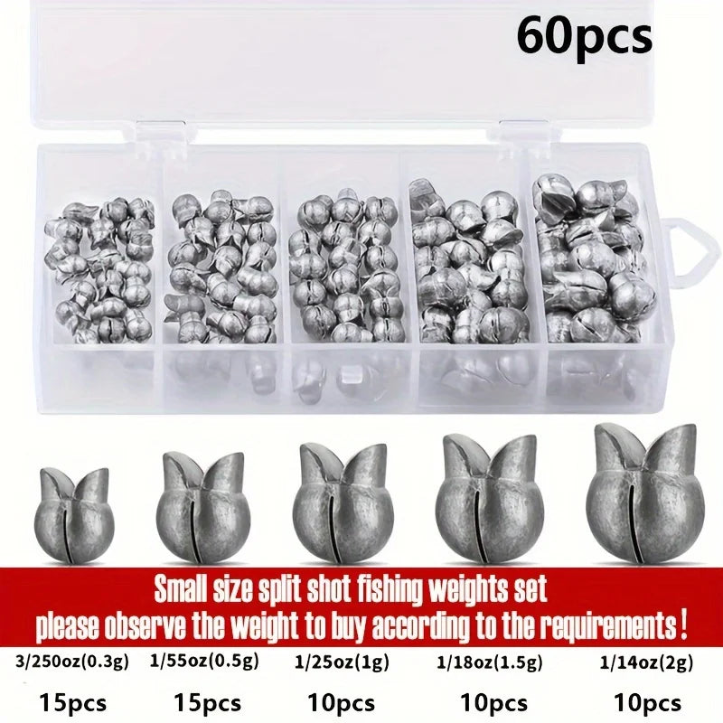 60/120pcs Fishing Weights Kit – Premium Split Shot Sinkers | 5 Sizes, Round Removable Design | Freshwater Use - Cast And Catch