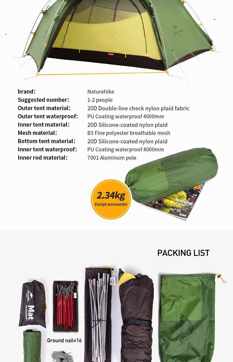 Naturehike Cloud Peak 2 Tent – Ultralight, Waterproof | 4-Season Backpacking & Camping Tent for 2-3 People | T-Zipper - Cast And Catch